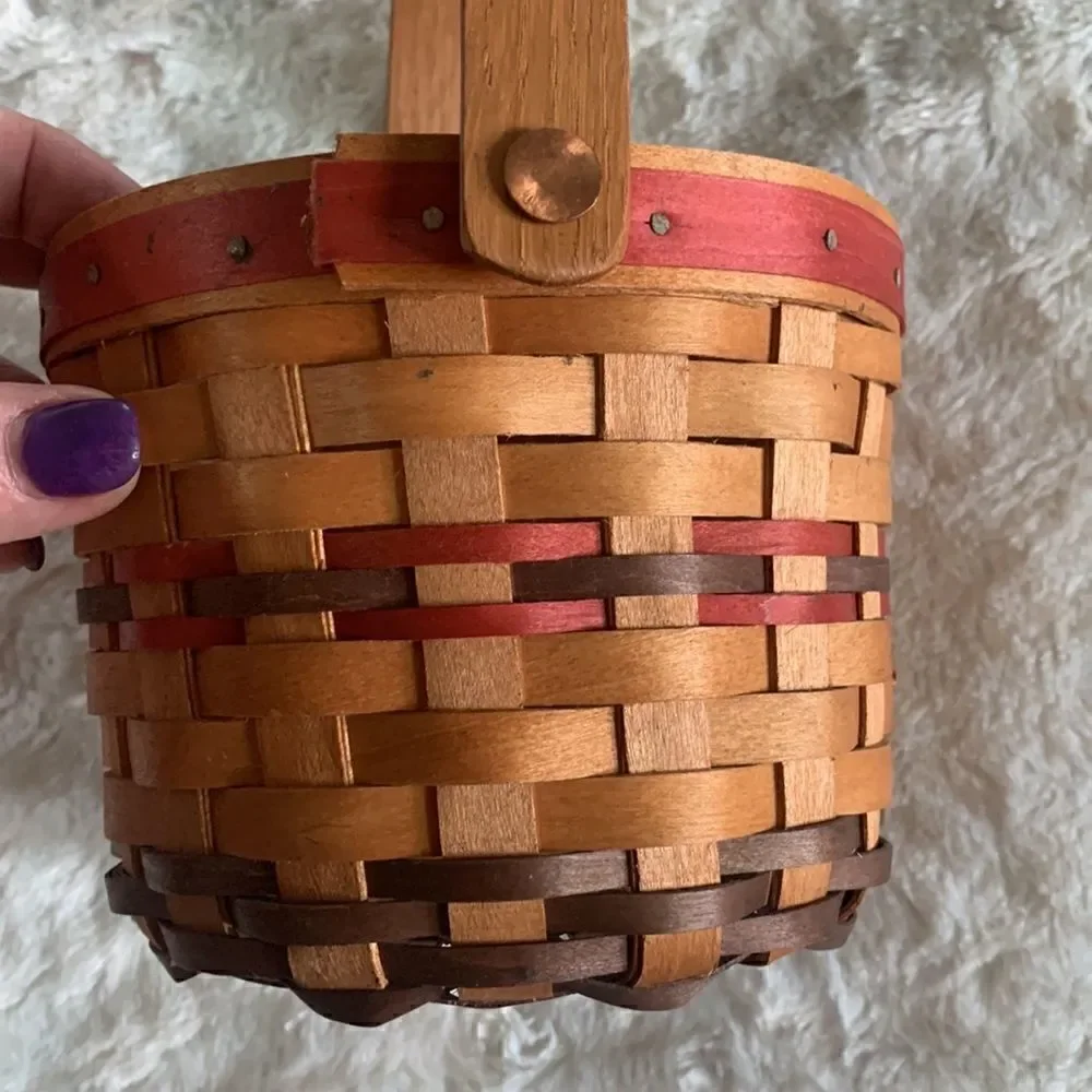 Henn Workshops Woven Wooden Basket w/Handle Hand Crafted Vintage 1998